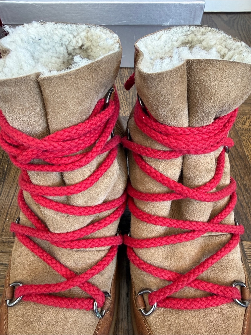 Women’s Tan Suede leather shearling Sherpa Winter Boots with Red Laces warm 38